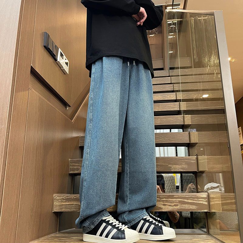 實拍2025新款秋季潮牌牛仔褲男潮流紋路寬松直筒休閑百搭長褲