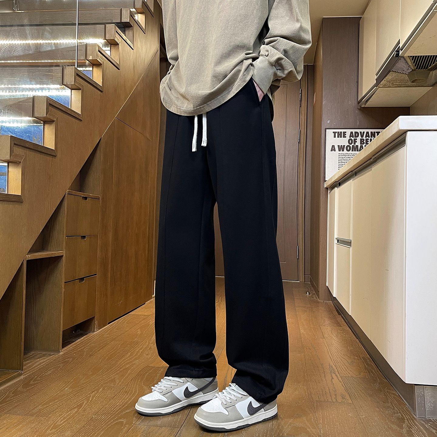 實拍2025秋冬新款韓系慵懶松弛感闊腿褲男垂感直筒褲休閑褲衛褲