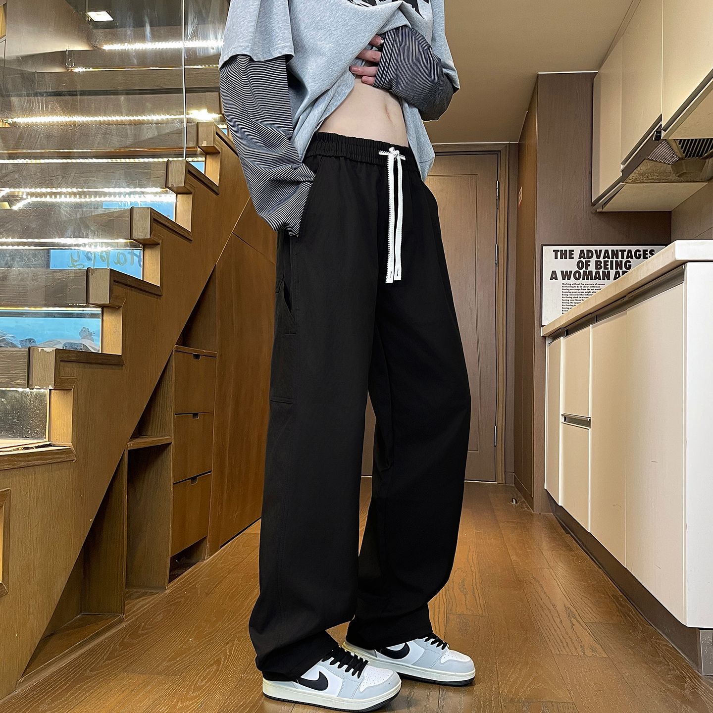 實拍2025秋季新款工裝休閑褲男復古大口袋傘兵褲寬松直筒松緊腰