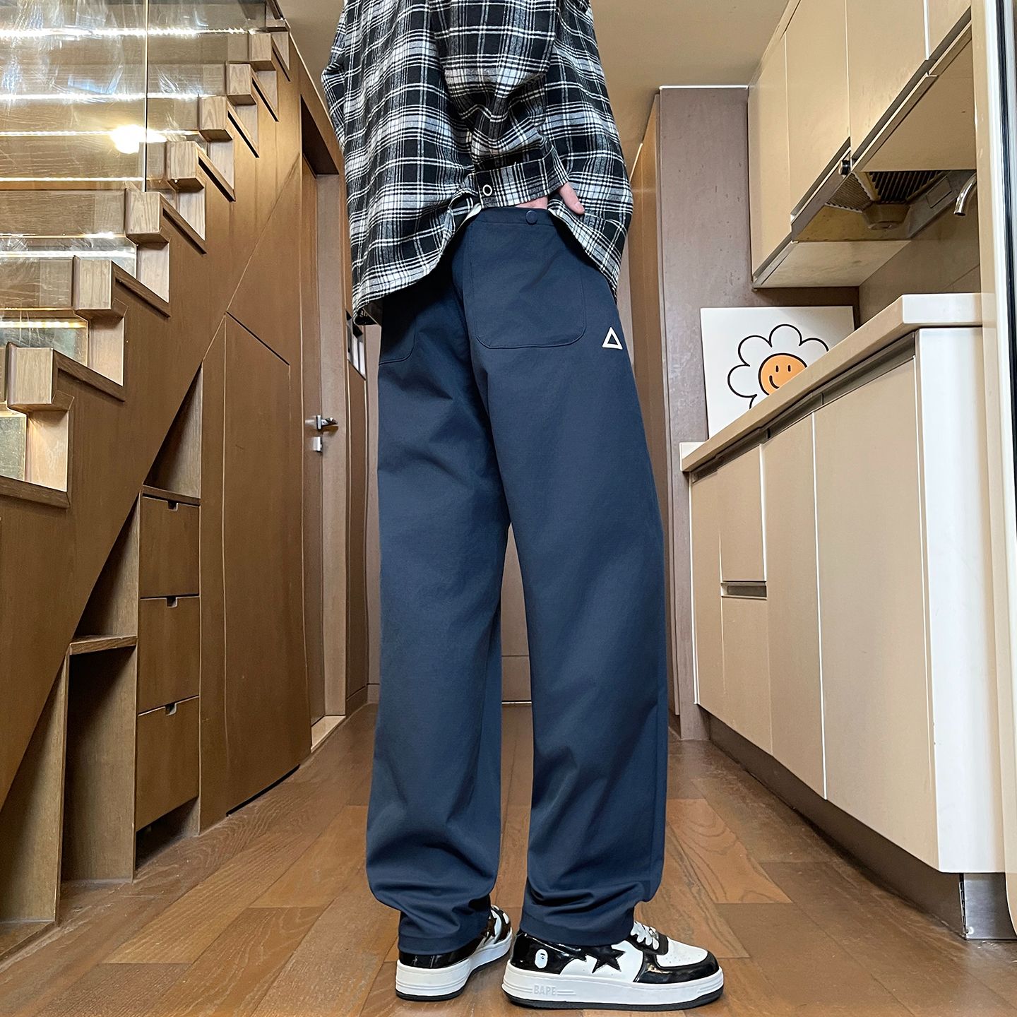 實拍2025秋季新款休閑褲男復古百搭闊腿褲寬松直筒松緊腰長褲