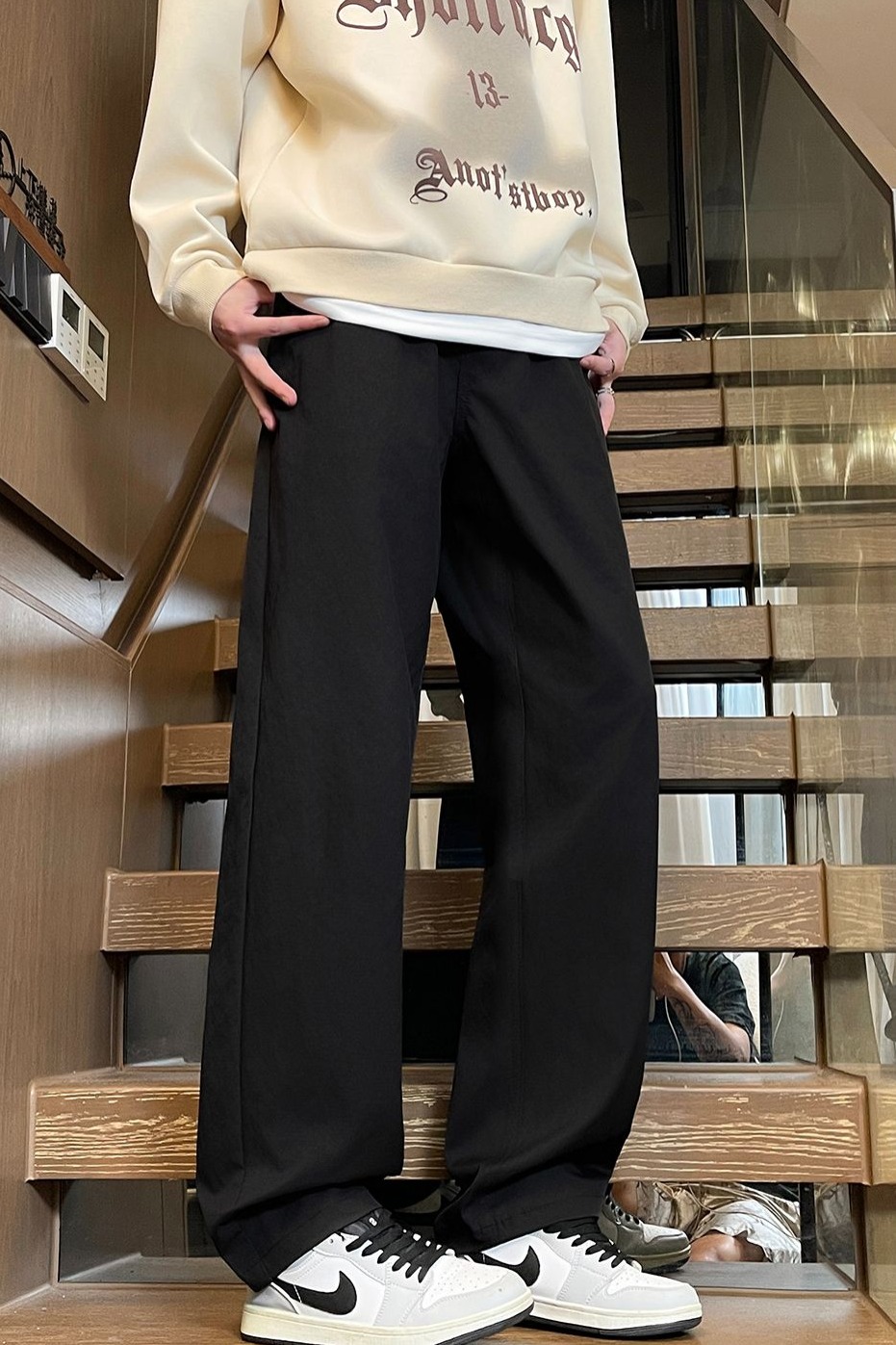 實拍2025秋季新款休閑褲男復古百搭闊腿褲寬松直筒松緊腰長褲