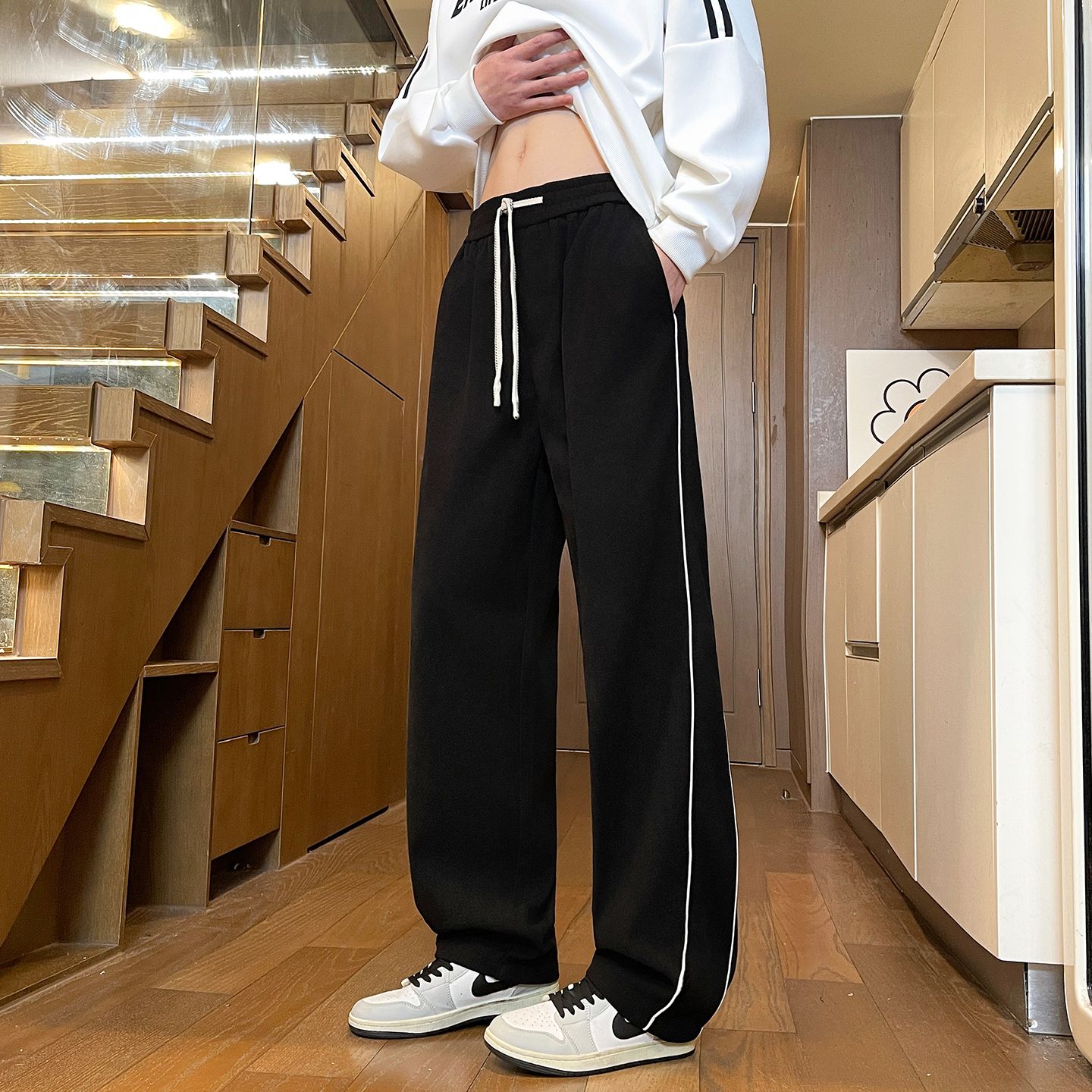 實拍2025秋季新款休閑褲男簡約百搭條紋寬松闊腿直筒松緊腰褲子