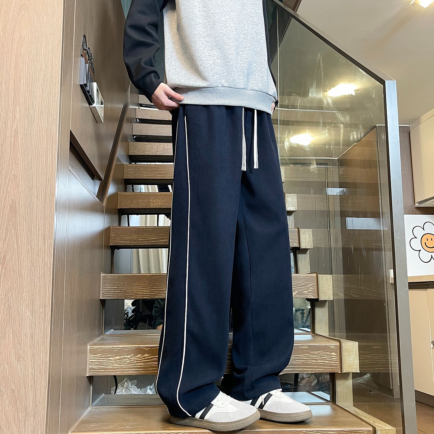 實拍2025秋季新款休閑褲男簡約百搭條紋寬松闊腿直筒松緊腰褲子