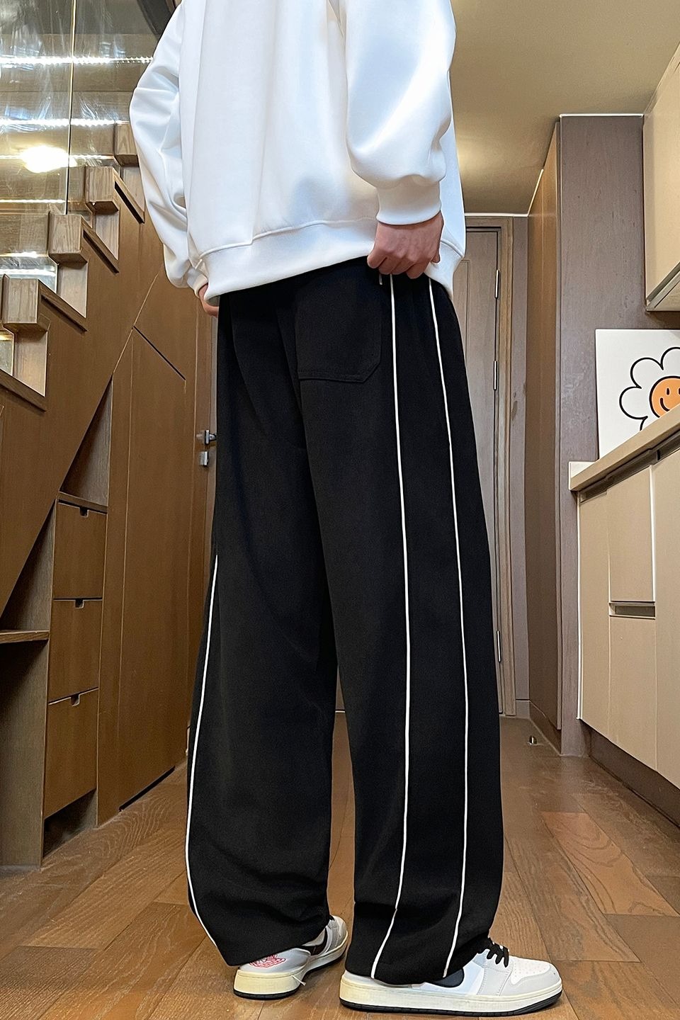 實拍2025秋季新款休閑褲男簡約百搭條紋寬松闊腿直筒松緊腰褲子