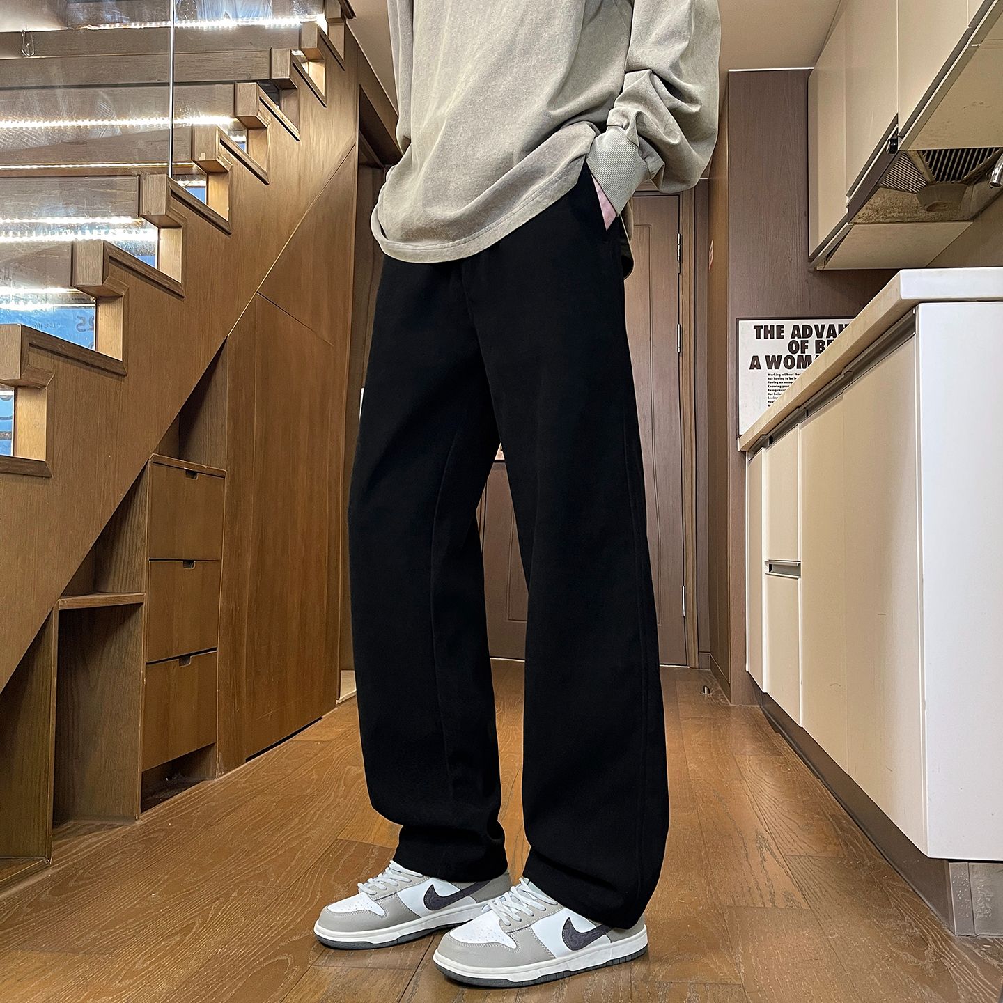 實拍2025秋季新款半松緊腰休閑褲男簡約百搭寬松闊腿直筒褲子