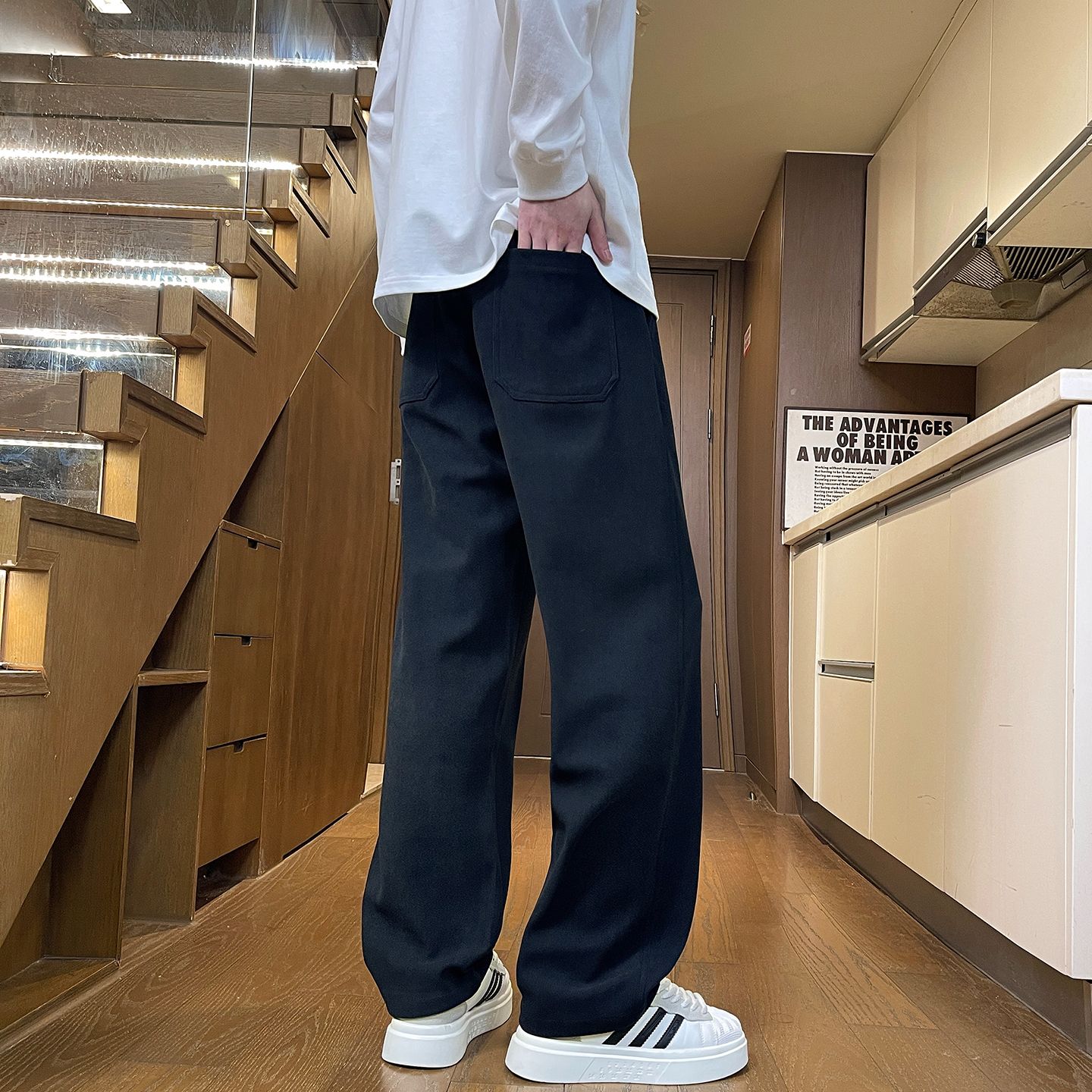 實拍2025秋季新款半松緊腰休閑褲男簡約百搭寬松闊腿直筒褲子