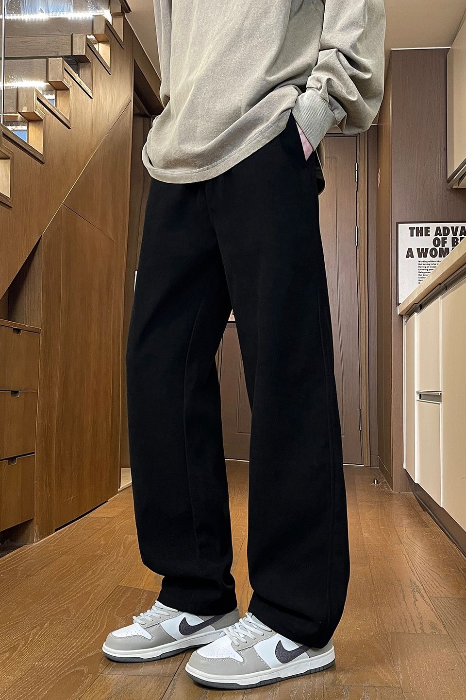 實拍2025秋季新款半松緊腰休閑褲男簡約百搭寬松闊腿直筒褲子