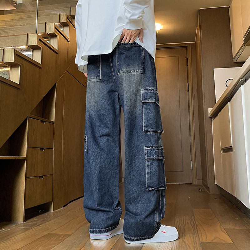 實拍2025秋冬新款牛仔褲男多口袋戶外工裝褲直筒寬松百搭中性褲子