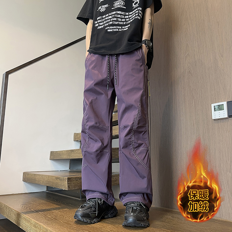加絨加厚冬季潮牌休閑褲男戶外工裝寬松褲腳抽繩百搭高街褲子保暖
