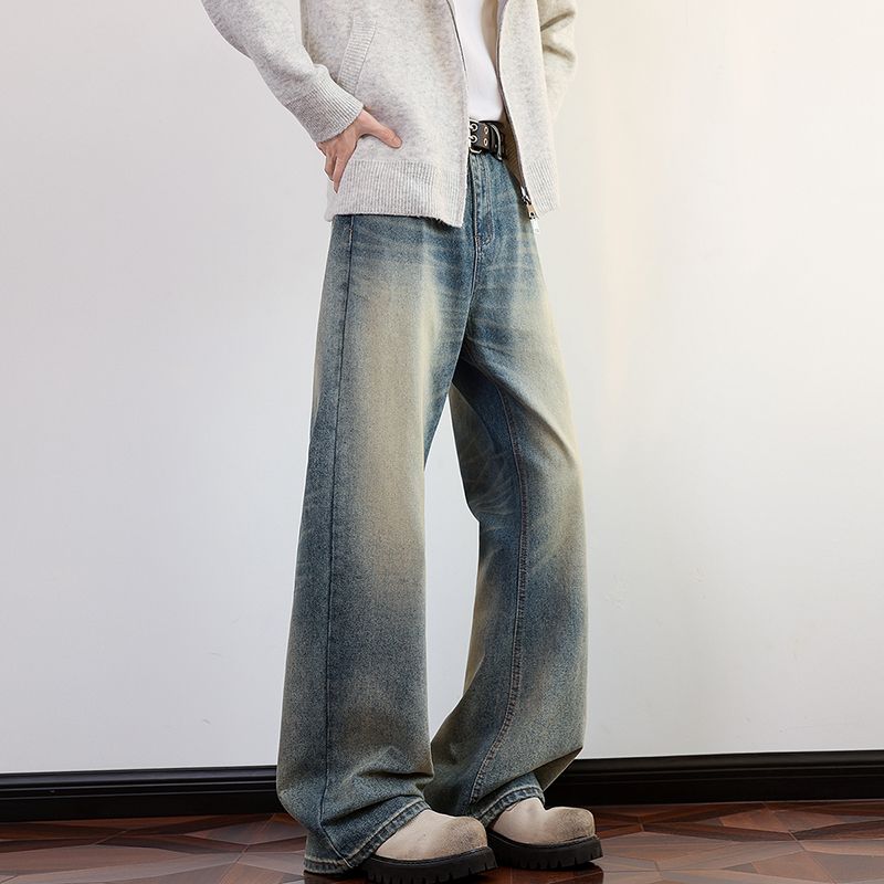 實拍秋冬重磅美式高街水洗2021M版型百搭牛仔褲男女寬松微喇長褲