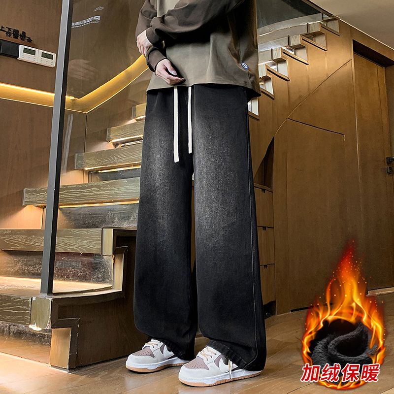 加絨加厚冬季保暖牛仔褲男寬松直筒松緊腰水洗馬騮潮流百搭休閑褲