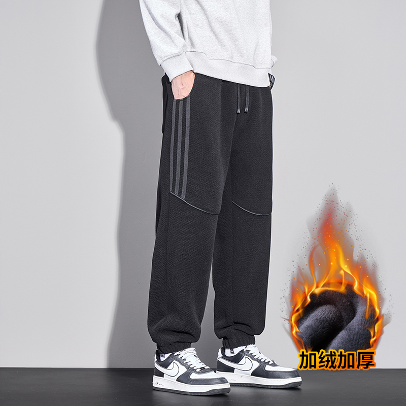 加絨加厚冬季新款休閑束腳褲男寬松百搭松緊腰保暖御寒長褲