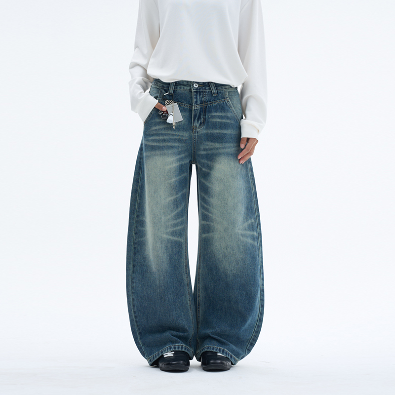 美式復古刺繡牛仔褲男女直筒潮牌休閑痞帥小眾闊腿寬松情侶彎刀褲