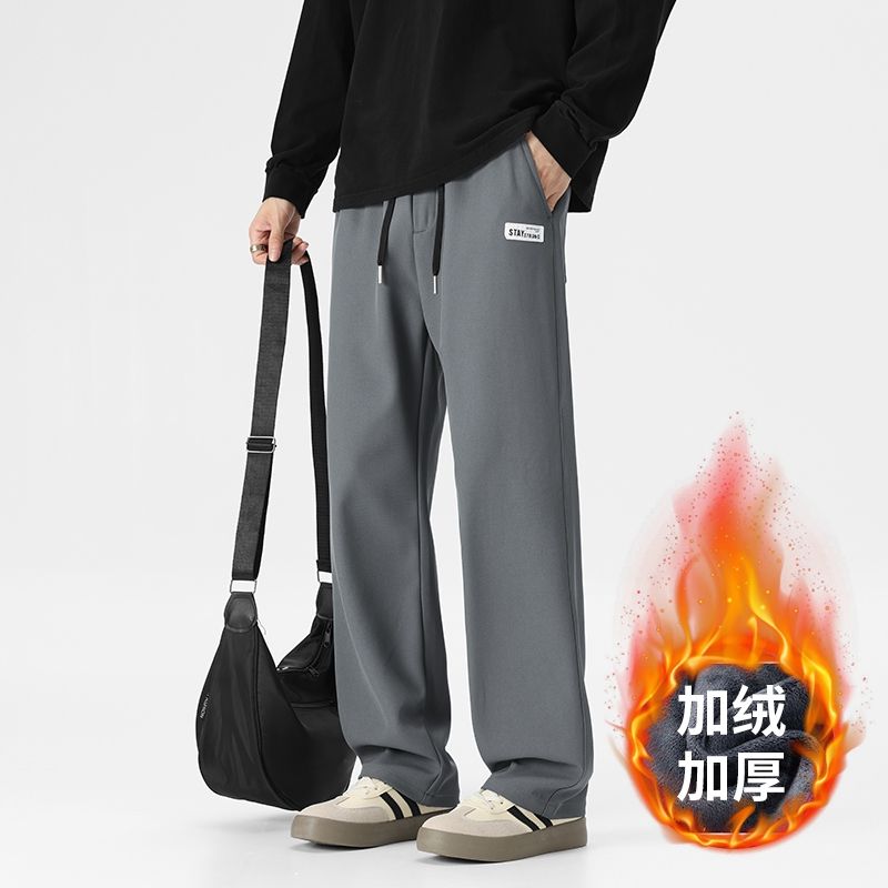 加絨加厚休閑褲男冬季新款松緊腰直筒抽繩寬松貝貝絨保暖褲子男