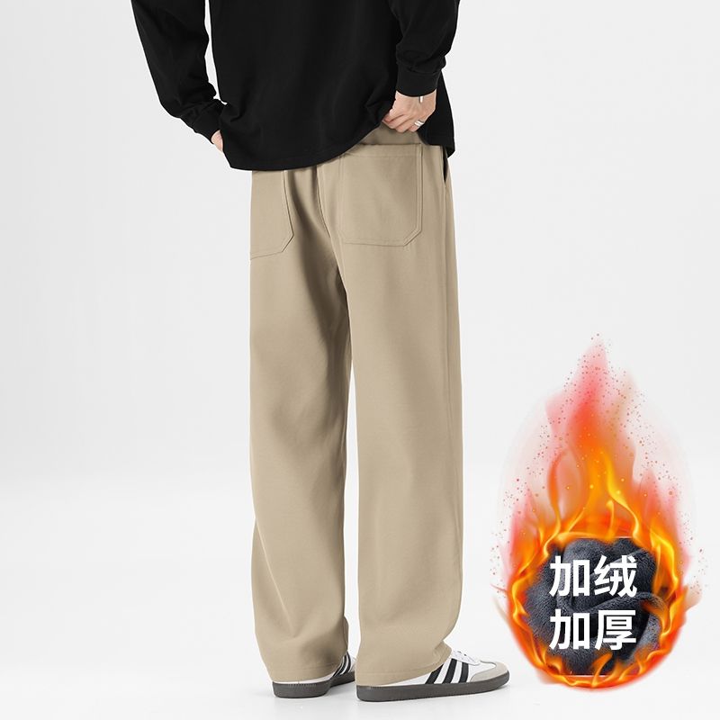 加絨加厚休閑褲男冬季新款松緊腰直筒抽繩寬松貝貝絨保暖褲子男