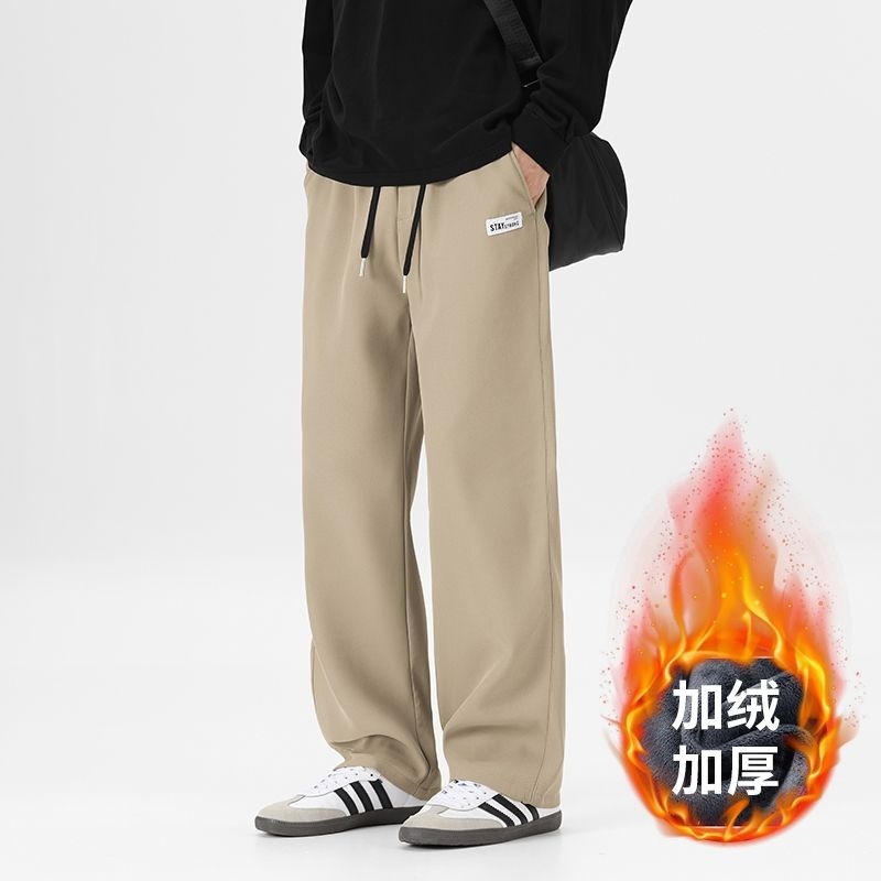 加絨加厚休閑褲男冬季新款松緊腰直筒抽繩寬松貝貝絨保暖褲子男