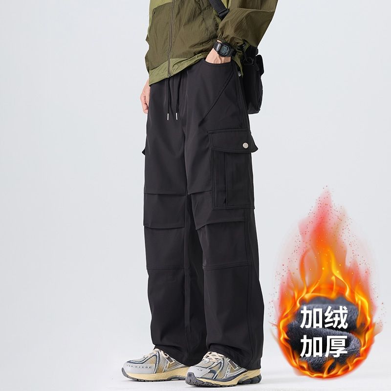 加絨加厚工裝褲男冬季新款多袋直筒保暖御寒休閑褲