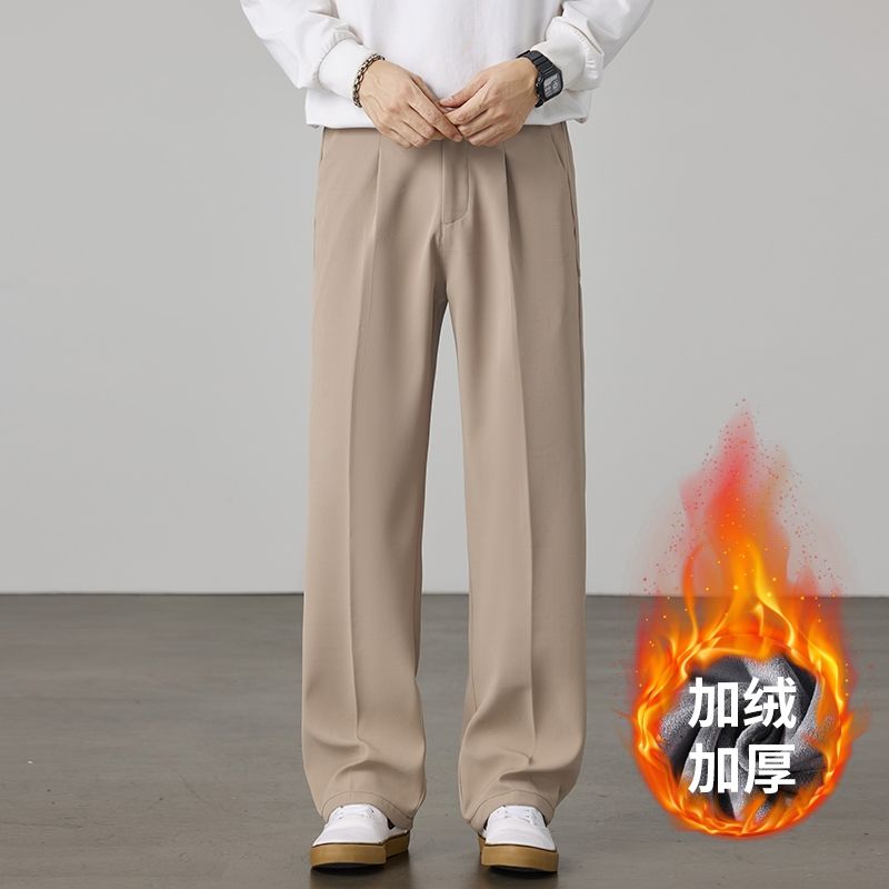 加絨加厚西褲男士高級垂感隱藏松緊腰直筒闊腿西裝休閑貝貝絨長褲