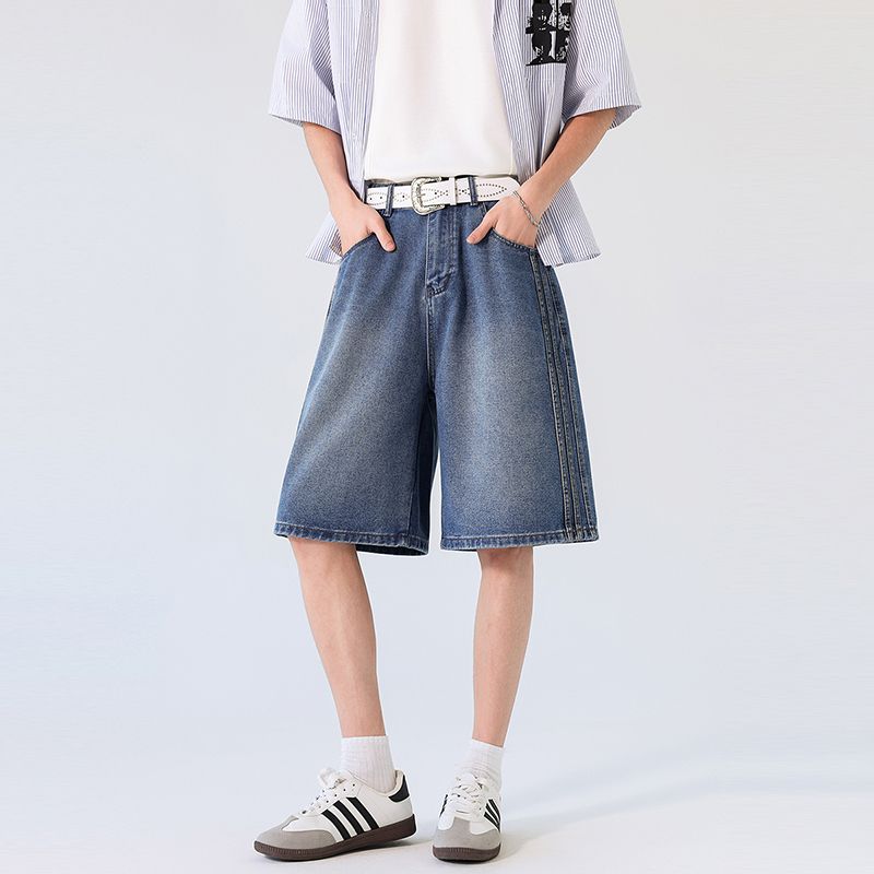 實拍2026夏季新款美式水洗漸變闊腿牛仔中褲男寬松休閑百搭短褲