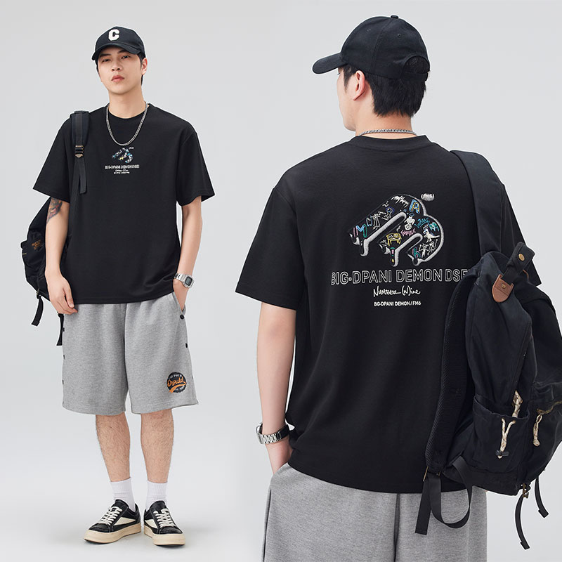 實拍2026夏季新款潮牌印花刺繡短袖t恤男國潮美式寬松T恤上衣