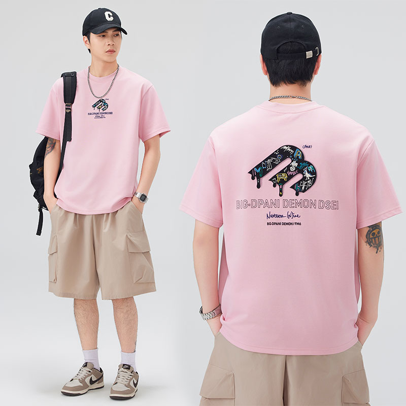 實拍2026夏季新款潮牌印花刺繡短袖t恤男國潮美式寬松T恤上衣