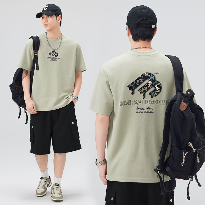實拍2026夏季新款潮牌印花刺繡短袖t恤男國潮美式寬松T恤上衣