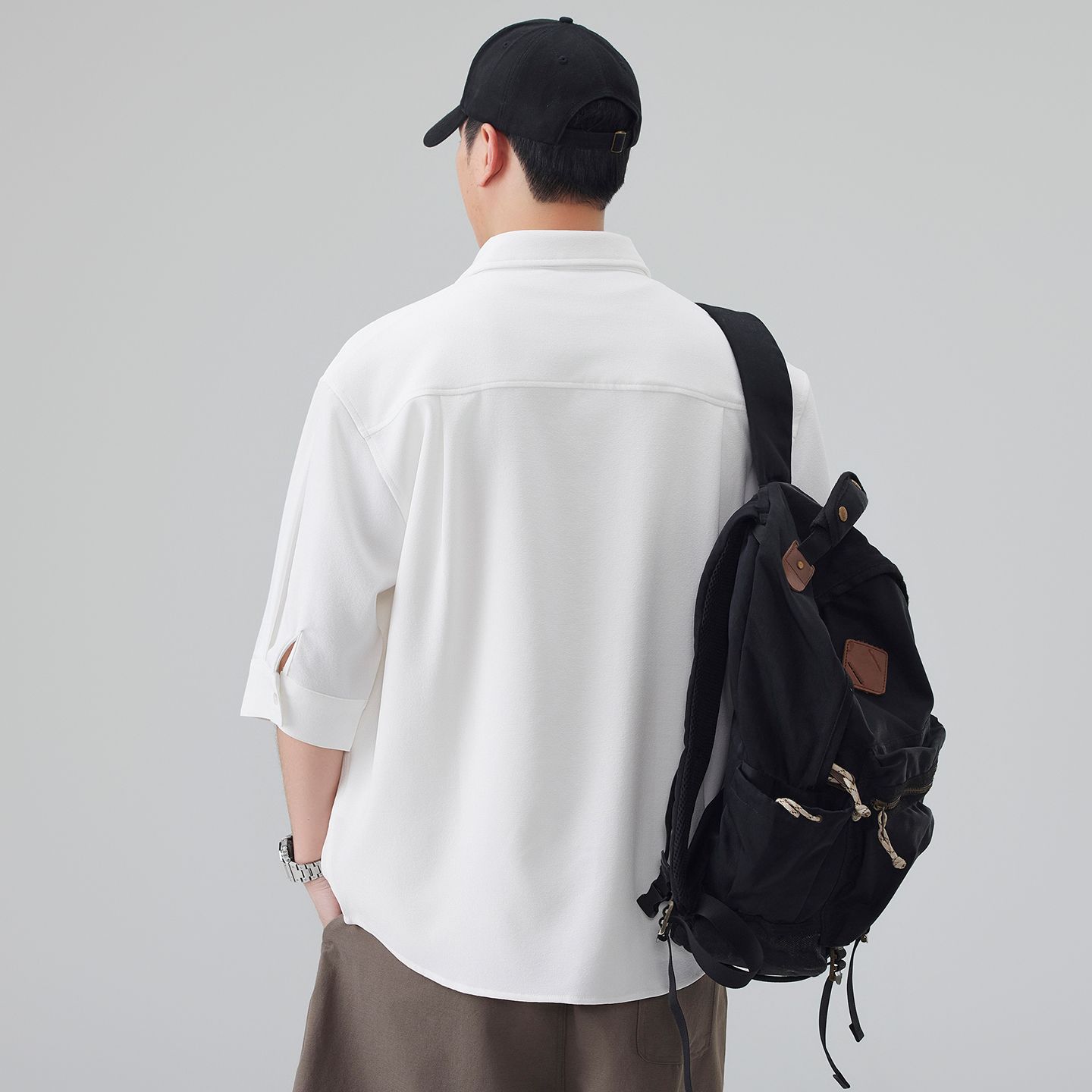 實拍2026夏季新款潮牌工裝短袖襯衫男士日系簡約五分袖襯衣