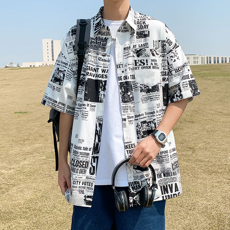 實拍2026潮牌印花襯衣短袖花襯衫男女同款沙灘海邊度假休閑上衣