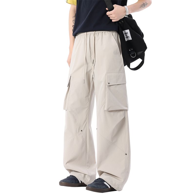 實拍2026夏季新款大口袋工裝休閑褲男寬松百搭松緊腰冰絲長褲