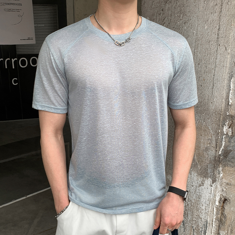 實拍2026夏季新款亞麻圓領T恤男涼感透氣垂墜感短袖純色百搭上衣