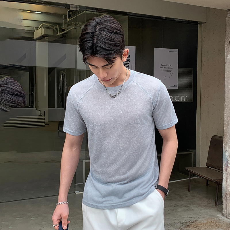 實拍2026夏季新款亞麻圓領T恤男涼感透氣垂墜感短袖純色百搭上衣