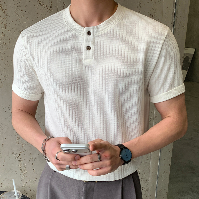 實拍2026夏季新款男士亨利領針織t恤寬松落肩版型復古休閑百搭