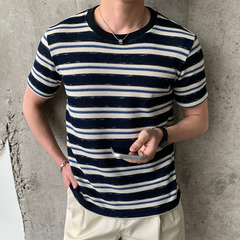 實拍2026夏季新款復古撞色針織條紋短袖T恤男垂墜感日常通勤上衣