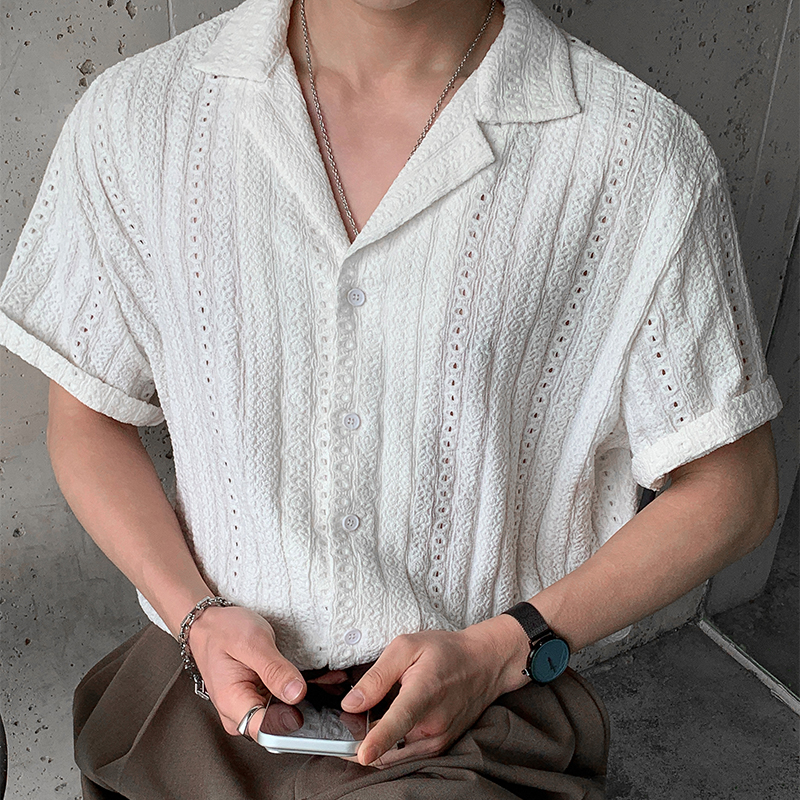 實拍2026夏季新款寬松垂墜感翻領短袖襯衫男輕奢風肌理感鏤空提花