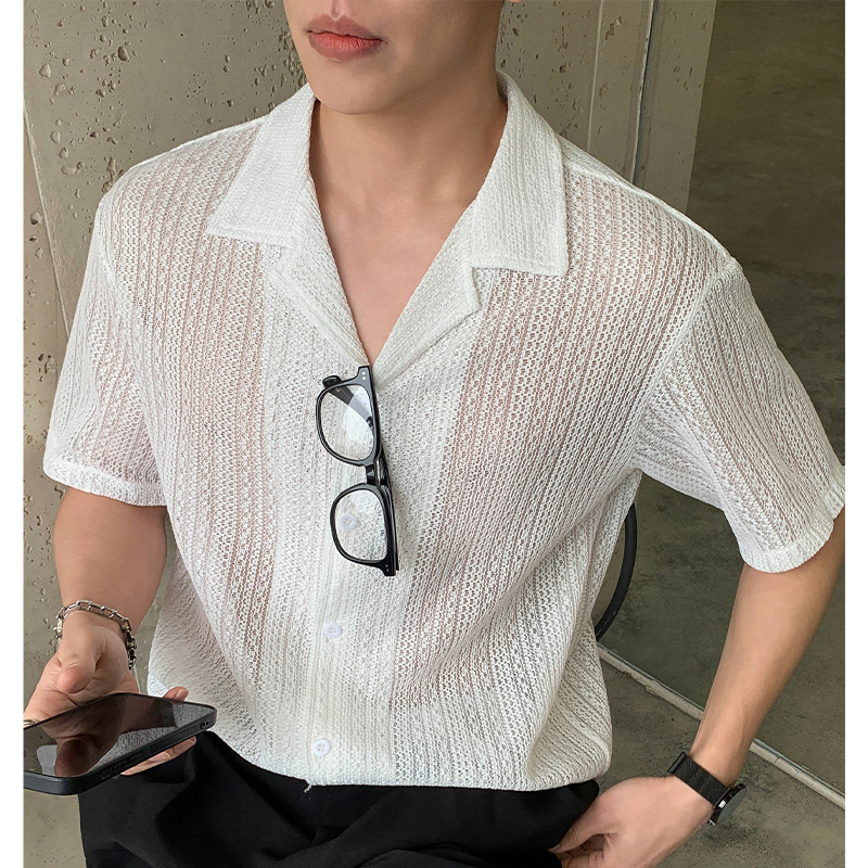 實拍夏季新款日系高級肌理感襯衫男鏤空透氣寬松休閑百搭短袖襯衣