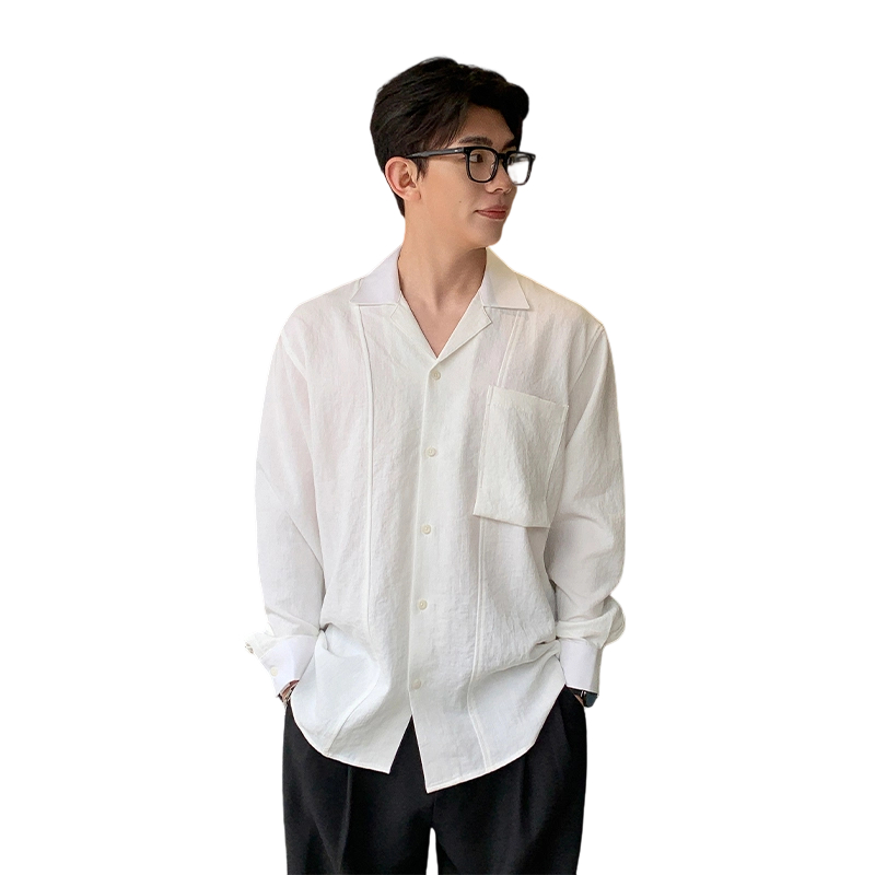 實拍夏季新款日系百搭寬松翻領長袖襯衣簡約肌理感口袋設計襯衫