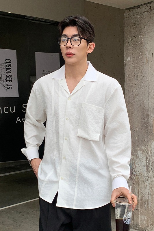 實拍夏季新款日系百搭寬松翻領長袖襯衣簡約肌理感口袋設計襯衫