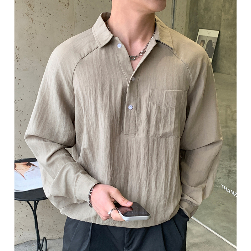 亞麻老錢風日系半開襟設計長袖襯衫男簡約純色寬松抽繩下擺襯衣