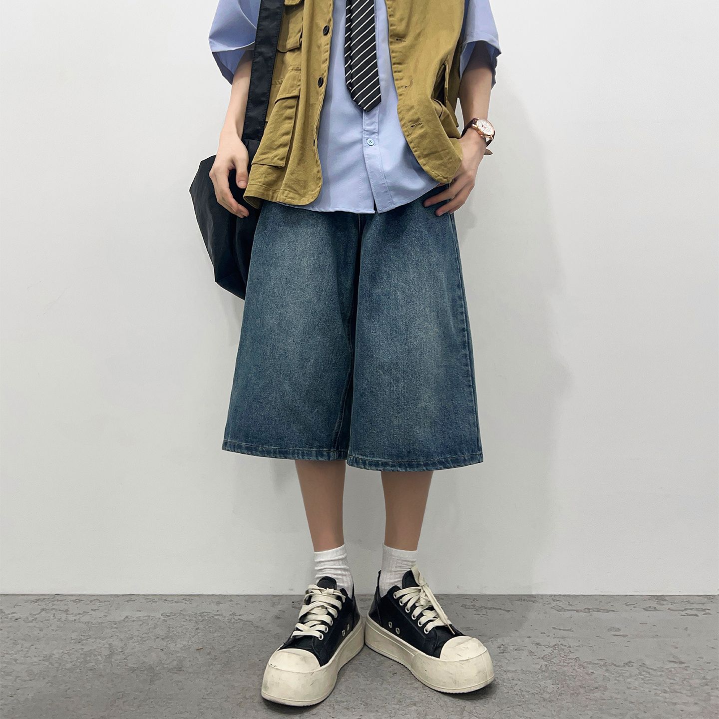 實拍2026夏季新款美式褶皺牛仔七分褲男女薄款潮牌寬松直筒闊腿褲