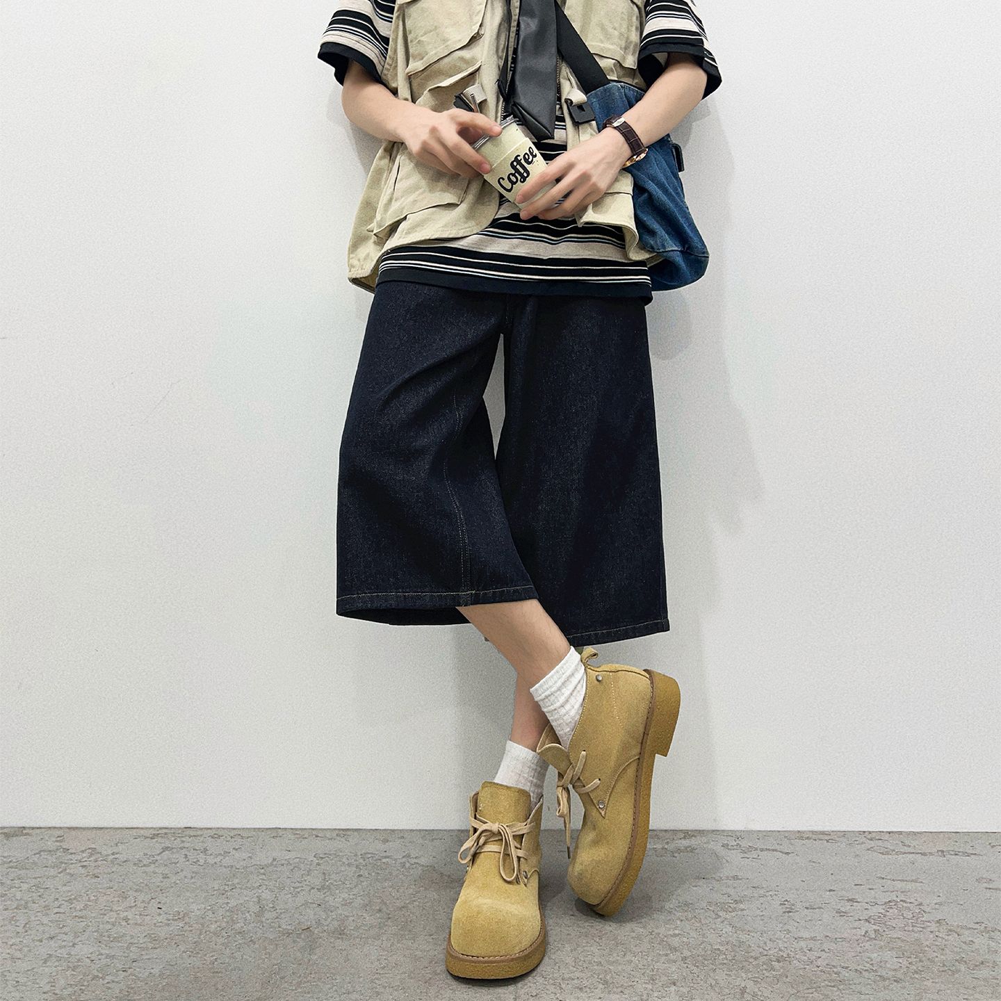 實拍2026夏季新款美式原色牛仔七分褲男女中性潮牌寬松直筒闊腿褲