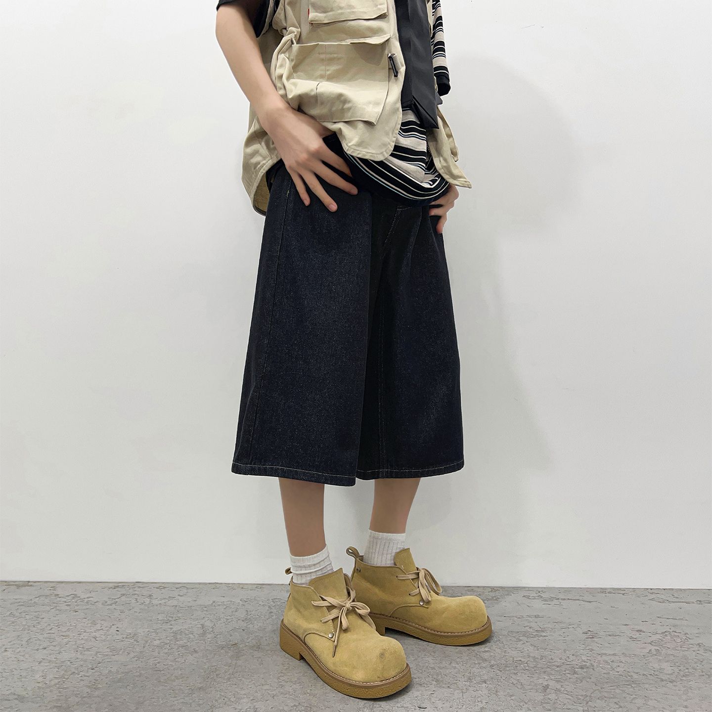 實拍2026夏季新款美式原色牛仔七分褲男女中性潮牌寬松直筒闊腿褲
