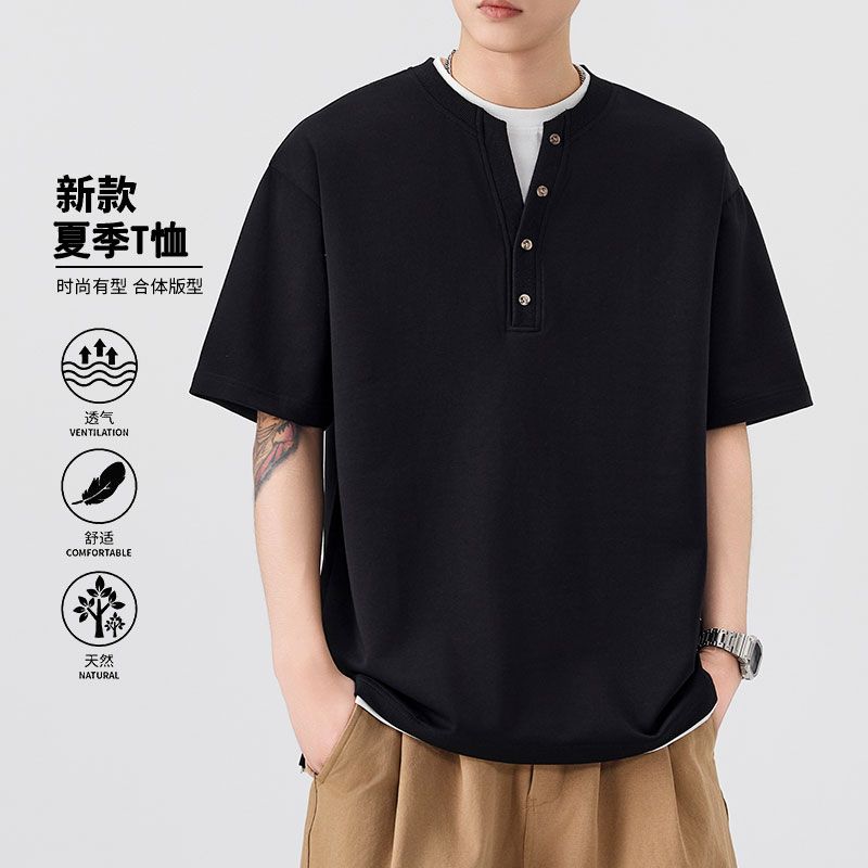 實拍2026夏季新款假兩件短袖T恤男寬松百搭潮流半紐扣V領設計上衣