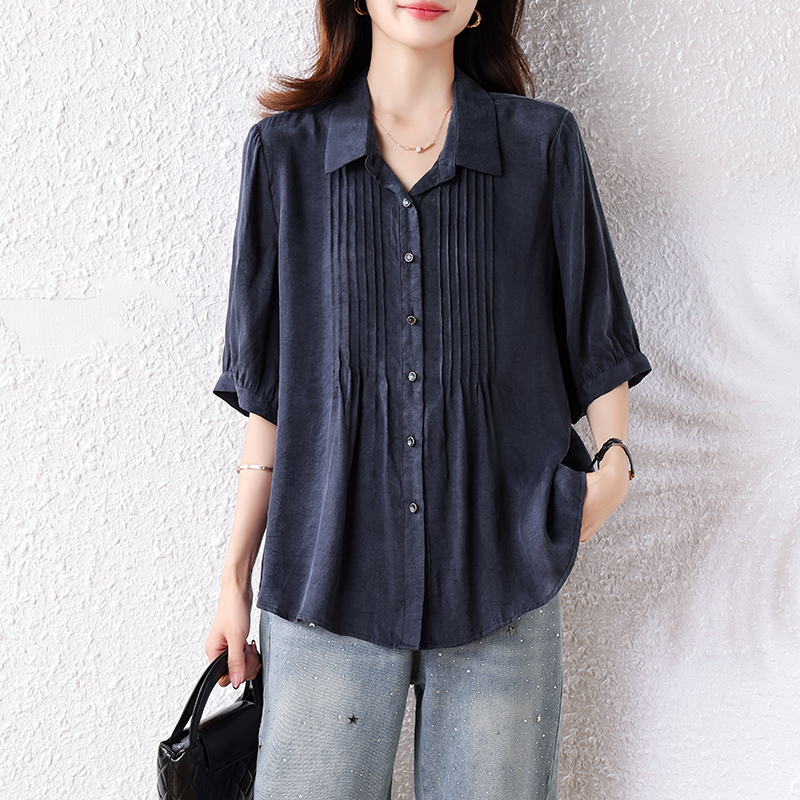 MY15743# 夏季新款大码女装褶皱翻领通勤气质衬衣高级感上衣女女裝貨源服裝批發