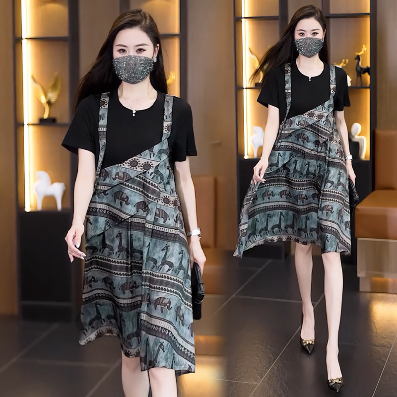 MY15742# 夏季新款假两件胖MM印花拼接连衣裙洋气高级感短袖雪纺裙女裝貨源服裝批發