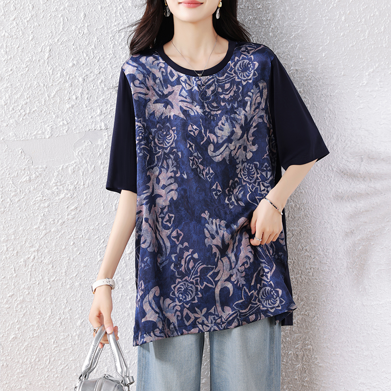 MY15741# 新款大码女装气质印花拼接T恤女宽松短袖上衣女女裝貨源服裝批發