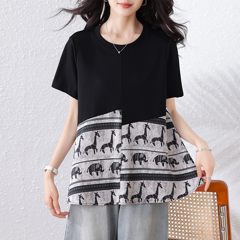 MY15740# 大码女装夏季新款气质印花宽松短袖拼接T恤女上衣女女裝貨源服裝批發