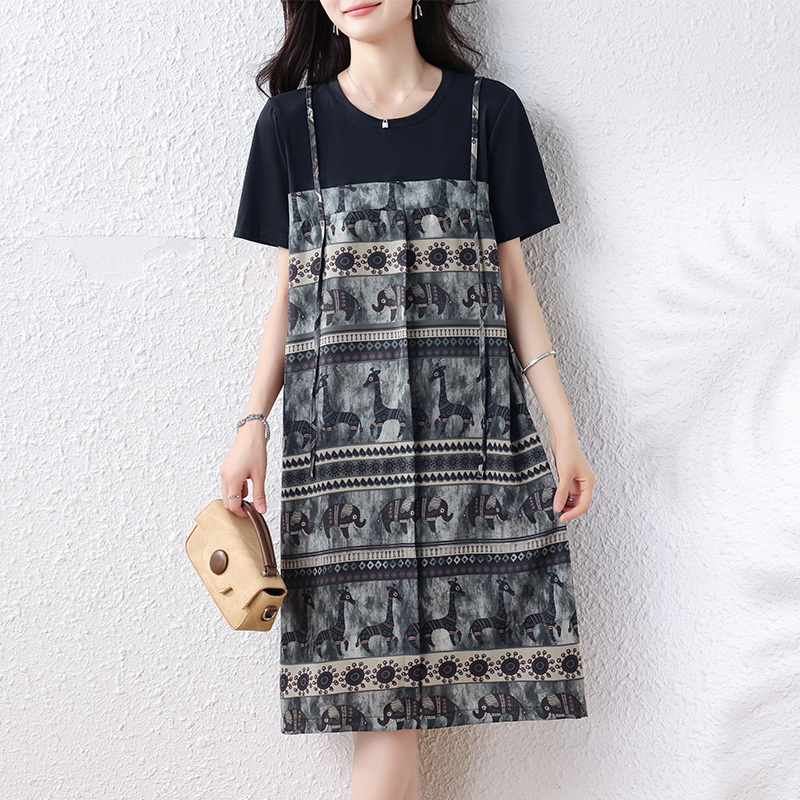 MY15739# 大码女装新款胖MM宽松轻奢气质拼接假两件连衣裙女裝貨源服裝批發