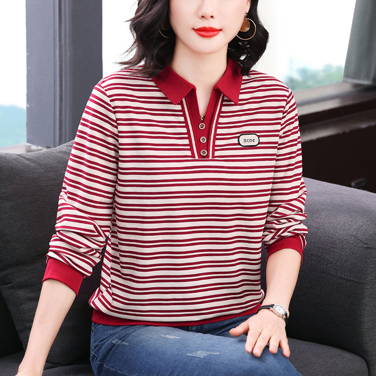 MY14959# 新款时尚减龄条纹体恤中年妈妈装宽松长袖休闲上衣女女裝貨源...
