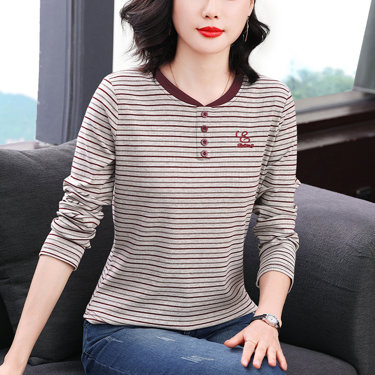 MY16097# 新款女士中年长袖休闲纯棉洋气拼接刺绣时尚撞色条纹T恤女裝貨源服裝批發