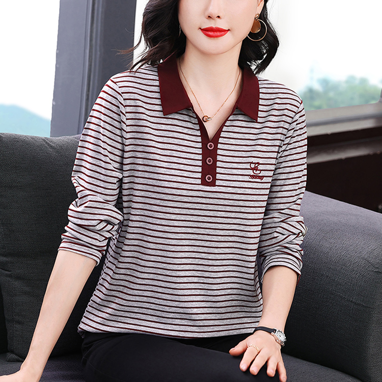 MY15229# 宽松长袖T恤新款字母刺绣大码条纹翻领上衣潮女裝貨源服裝批發